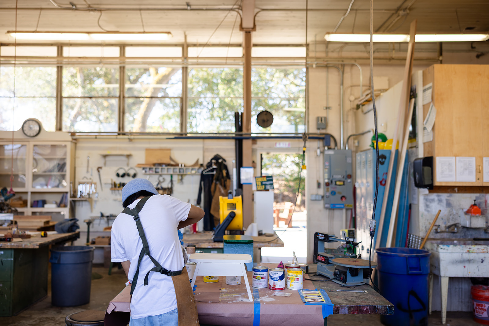 Hanna Academy student working on a project in the construction trades workshop.