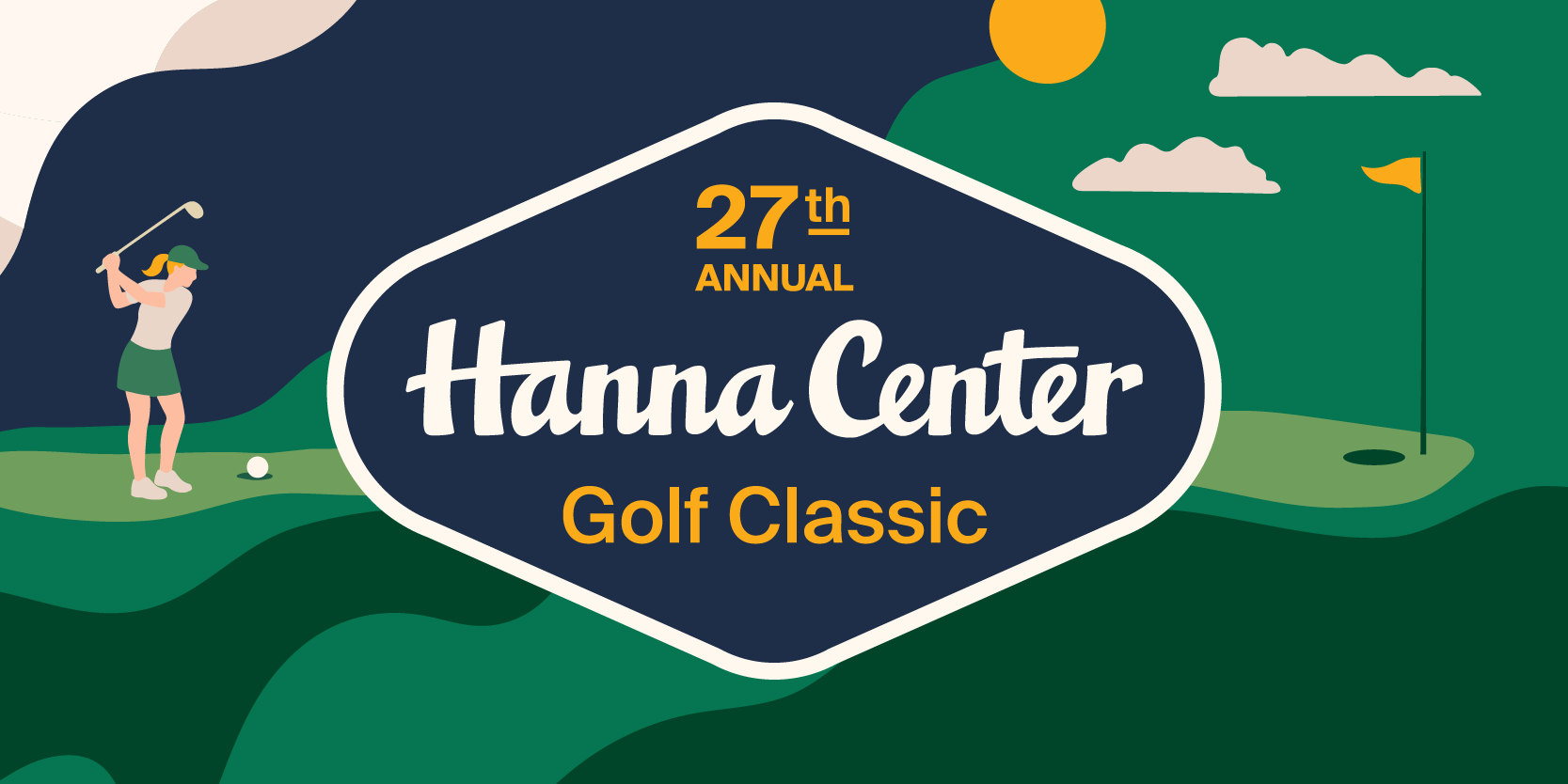 Banner reading ‘27th Annual Hanna Center Golf Classic ’ with green landscape design.
